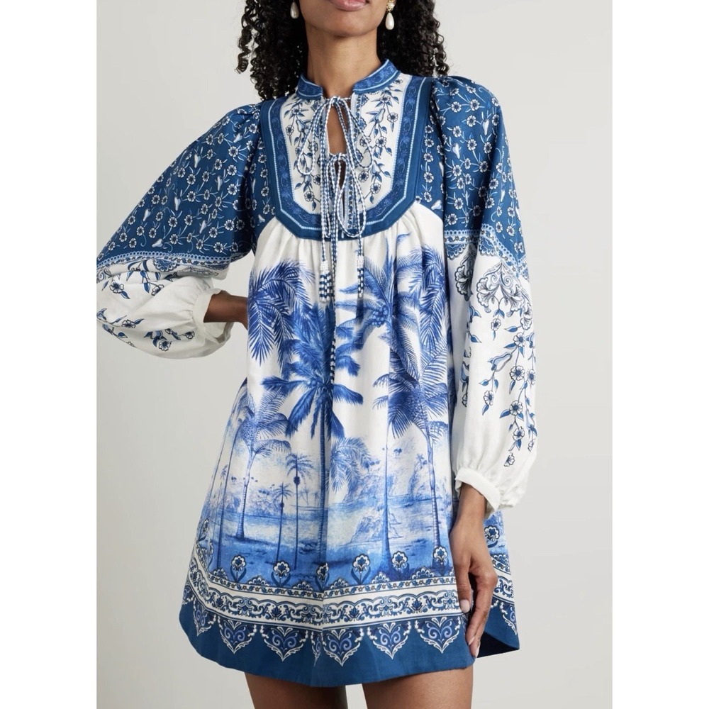 Farm Rio Tropical Palm Tree Linen Blend Mini Dress Blue White Long Sleeve Sz L